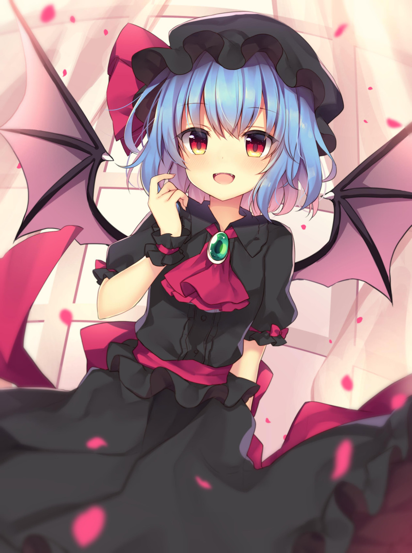 1girl absurdres alternate_color ascot bangs bat_wings black_dress black_headwear black_shirt blue_hair blush bow brooch collared_shirt commentary_request dress eyebrows_visible_through_hair fangs frilled_shirt frills hand_up hat hat_bow highres jewelry looking_at_viewer mob_cap open_mouth petals pink_bow pink_ribbon puffy_short_sleeves puffy_sleeves red_eyes remilia_scarlet ribbon ribbon-trimmed_sleeves ribbon_trim ruhika sash shirt short_hair short_sleeves solo touhou window wings wrist_cuffs