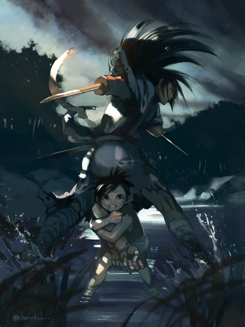 1boy 1girl absurdres amputee bandaged_arm bandaged_leg bandages black_eyes black_hair blade chanch clouds cloudy_sky dororo_(character) dororo_(tezuka) fighting_stance forest grass highres holding hyakkimaru_(dororo) long_hair nature outdoors partially_submerged ponytail protecting river rock short_hair signature sky splashing standing torn_clothes tree twitter_username water