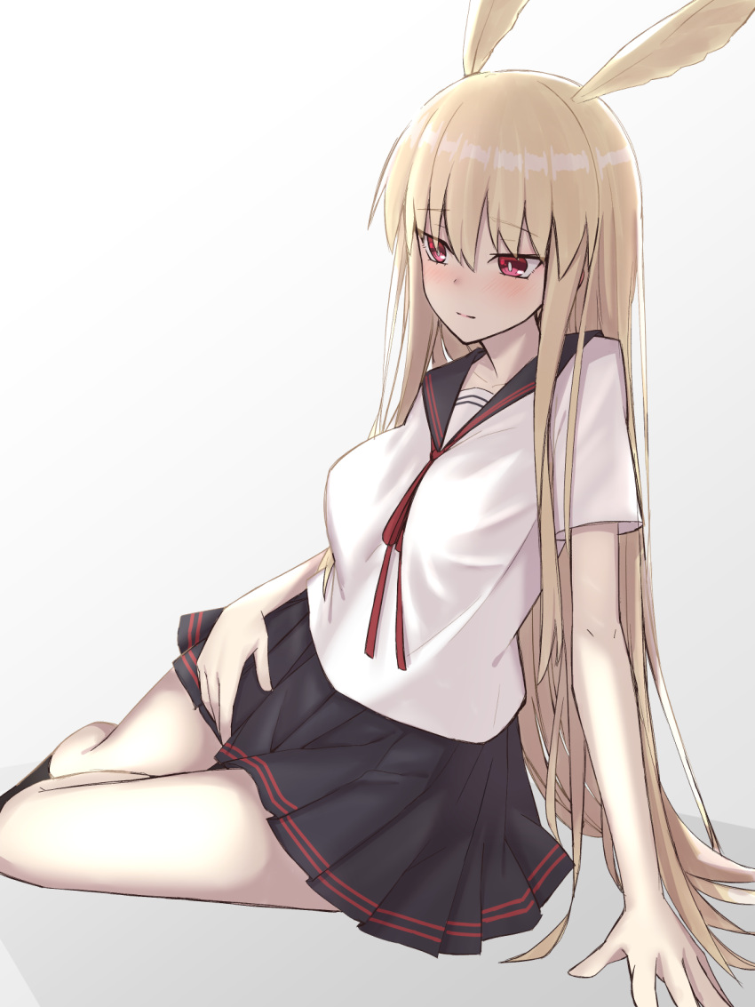 1girl bangs black_skirt blonde_hair blush breasts commentary_request elfenlied22 eyebrows_visible_through_hair fate/grand_order fate_(series) frown head_wings highres long_hair lying on_side red_eyes shirt short_sleeves skirt thrud_(fate/grand_order) valkyrie_(fate/grand_order) white_shirt
