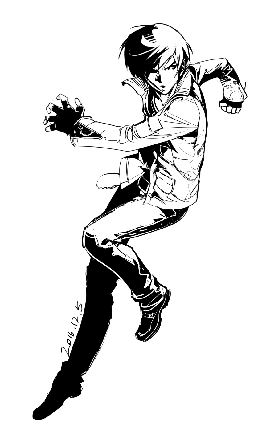 1boy absurdres bangs dated fighting_stance fingerless_gloves gloves greyscale hair_down high_collar highres jacket kusanagi_kyou male_focus monochrome popped_collar solo the_king_of_fighters yiran_kong_xian