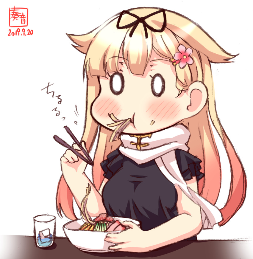 0_0 1girl alternate_costume artist_logo black_blouse black_ribbon blonde_hair blouse commentary_request counter dated eating food glass hair_flaps hair_ornament hair_ribbon hairclip highres kanon_(kurogane_knights) kantai_collection long_hair noodles remodel_(kantai_collection) ribbon scarf simple_background solo upper_body white_background white_scarf yuudachi_(kantai_collection)