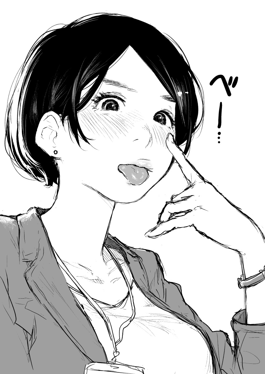 1girl :p absurdres berose blush breasts collarbone earrings ears finger_to_eye highres jacket jewelry lanyard large_breasts monochrome original shirt short_hair simple_background tongue tongue_out upper_body v-neck watch white_background white_shirt