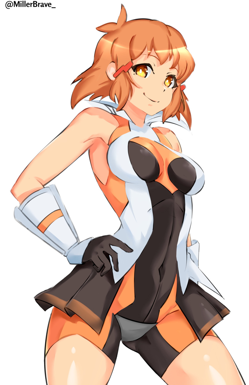 1girl absurdres blush bodysuit breasts bright_pupils brown_hair closed_mouth covered_navel elbow_gloves gauntlets gloves hair_ornament hairclip happy_birthday highres looking_at_viewer medium_breasts millerbrave navel orange_eyes senki_zesshou_symphogear shiny shiny_hair shiny_skin short_hair simple_background smile solo standing tachibana_hibiki_(symphogear) thighs twitter_username white_background white_pupils