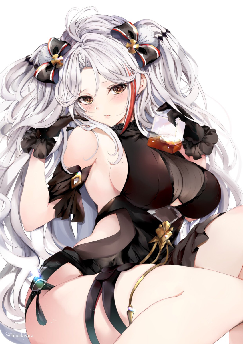 1girl alcohol alternate_costume antenna_hair azur_lane bangs black_bow black_dress blush bow breasts brown_eyes commentary_request cup dress eyebrows_visible_through_hair glint gloves gold_trim hair_between_eyes hair_bow hand_in_hair highres hinahino holding holding_cup iron_cross large_breasts long_hair looking_at_viewer mole mole_on_breast multicolored_hair parted_lips prinz_eugen_(azur_lane) prinz_eugen_(cordial_cornflower)_(azur_lane) redhead sidelocks silver_hair simple_background smile solo streaked_hair thighs twitter_username two_side_up very_long_hair white_background