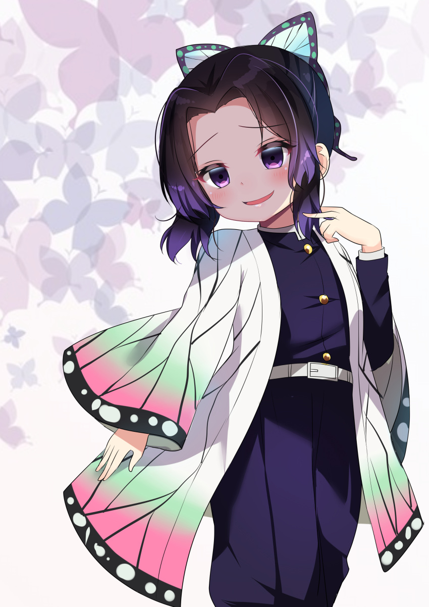 1girl :d absurdres agung_syaeful_anwar bangs belt belt_buckle black_hair black_jacket black_pants blush buckle bug butterfly butterfly_hair_ornament eyebrows_visible_through_hair forehead gradient_hair hair_ornament hand_up highres insect jacket kimetsu_no_yaiba kochou_shinobu long_sleeves multicolored_hair open_clothes open_mouth pants parted_bangs purple_hair sleeves_past_wrists smile violet_eyes white_belt wide_sleeves younger
