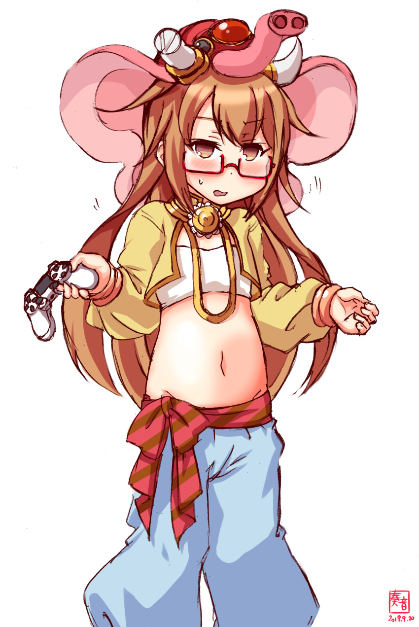 1girl absurdres alternate_costume animal_hat artist_logo bandeau beige_jacket blue_pants brown_eyes brown_hair commentary_request controller cosplay cropped_jacket dated elephant_hat fate/grand_order fate_(series) feet_out_of_frame flat_chest game_controller ganesha_(fate) ganesha_(fate)_(cosplay) glasses hat highres kanon_(kurogane_knights) kantai_collection long_hair looking_at_viewer mochizuki_(kantai_collection) navel pants playstation_controller red-framed_eyewear simple_background solo white_background