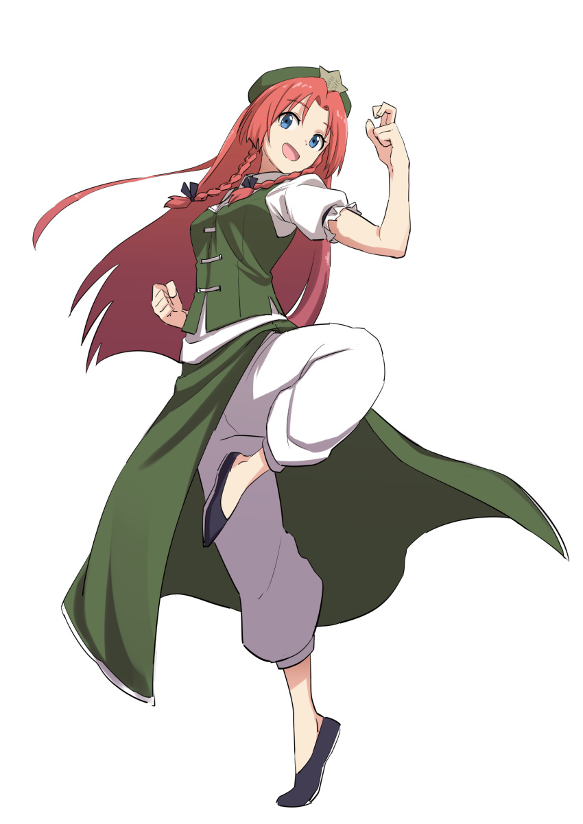1girl :d baggy_pants beret black_bow black_footwear blue_eyes bow braid breasts clenched_hand commentary_request flats full_body green_headwear green_skirt green_vest hair_bow hand_up hat head_tilt highres hong_meiling leon_(mikiri_hassha) long_hair looking_at_viewer medium_breasts open_mouth pants puffy_short_sleeves puffy_sleeves redhead shirt short_sleeves side_slit simple_background skirt skirt_set smile solo standing standing_on_one_leg star touhou twin_braids very_long_hair vest white_background white_pants white_shirt