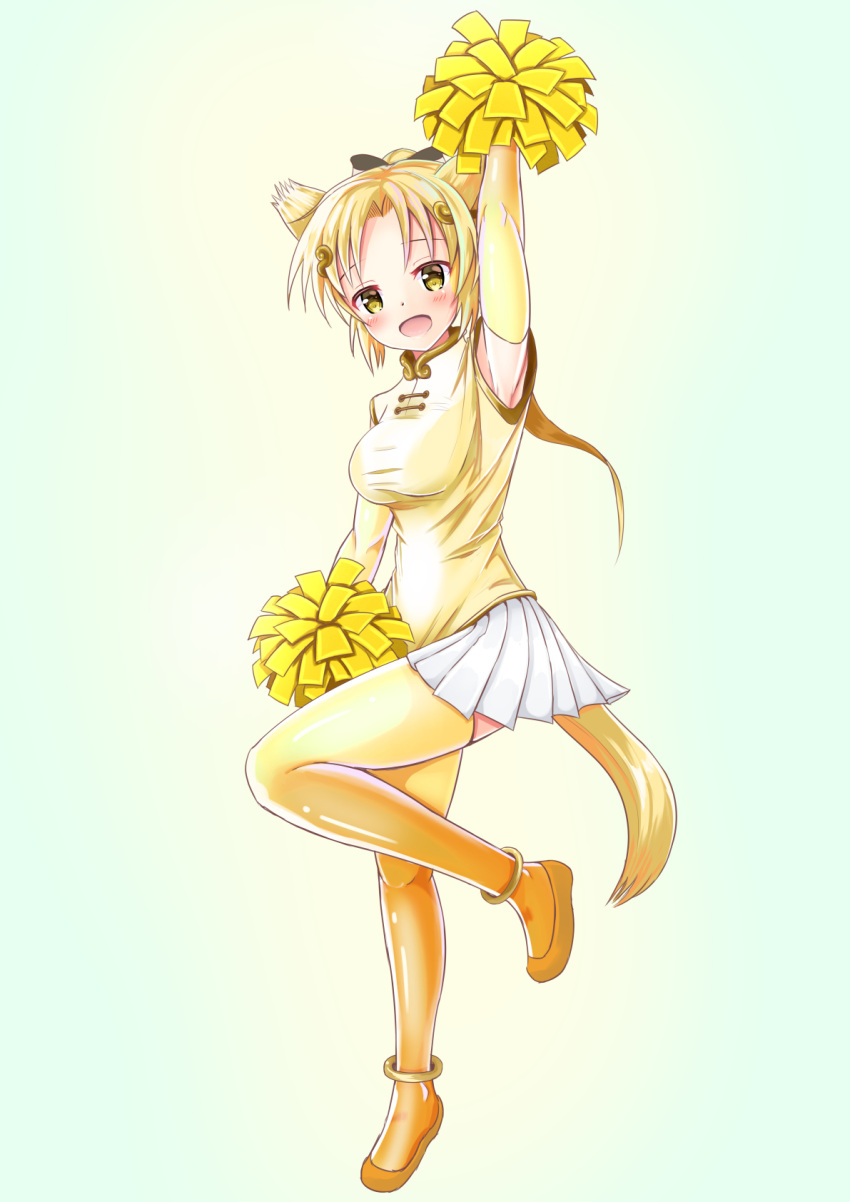 1girl anima_yell! arm_up blonde_hair blush breasts cheerleader commentary_request cosplay eyebrows_visible_through_hair full_body golden_snub-nosed_monkey_(kemono_friends) golden_snub-nosed_monkey_(kemono_friends)_(cosplay) head_tilt highres kemono_friends leg_up leglet long_hair medium_breasts monkey_tail orange_footwear pleated_skirt pom_poms ponytail sawatari_uki shirt skirt sleeveless sleeveless_shirt solo tail utopia_(fantomubureibum2) white_skirt yellow_eyes yellow_legwear yellow_shirt