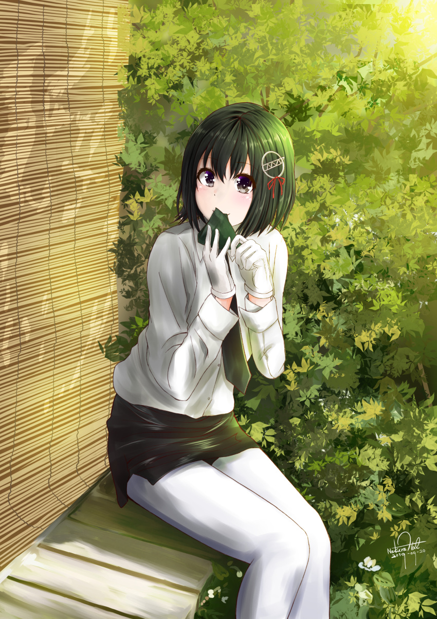 1girl bamboo_screen bench black_hair black_skirt brown_eyes bush commentary_request dress_shirt eating food gloves haguro_(kantai_collection) hair_ornament highres kantai_collection long_sleeves looking_at_viewer nakura_haru nature onigiri pantyhose remodel_(kantai_collection) shirt short_hair sitting skirt solo white_gloves white_legwear white_shirt