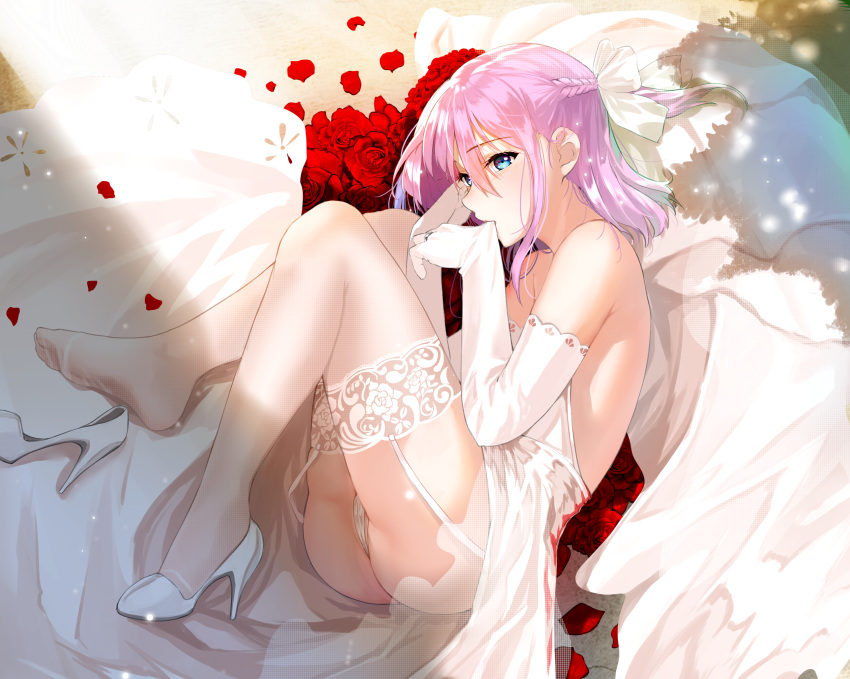 1girl ass bangs bare_shoulders bishi_(bishi) biting blue_eyes blush bouquet bridal_veil dress eyebrows_visible_through_hair flower full_body garter_straps girls_frontline glove_biting gloves hair_between_eyes hair_ornament highres jewelry lace lace-trimmed_legwear long_hair looking_at_viewer lying multicolored_hair on_side petals pink_hair ponytail ring sidelocks solo st_ar-15_(girls_frontline) strapless strapless_dress streaked_hair thighs veil wedding_dress wedding_ring white_dress white_footwear white_legwear