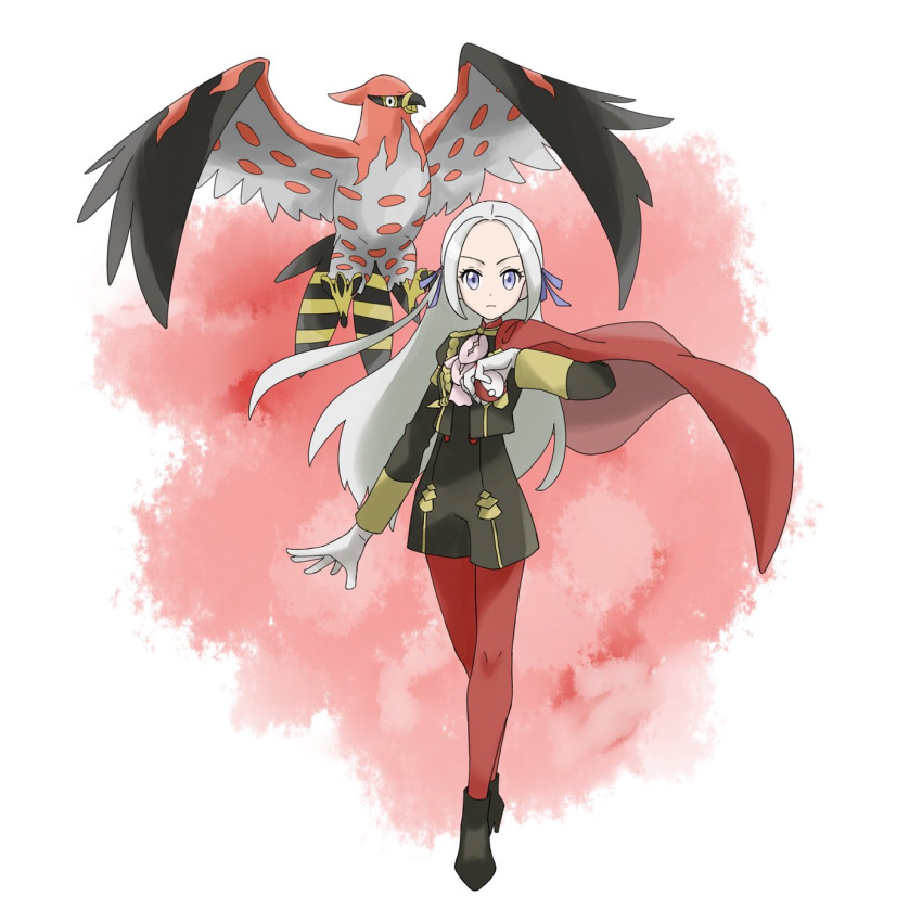 1girl animal artist_request bird blonde_hair blue_eyes cape cravat creatures_(company) edelgard_von_hresvelg fire_emblem fire_emblem:_three_houses fire_emblem:_three_houses full_body game_freak garreg_mach_monastery_uniform gloves hair_ornament hair_ribbon highres holding_poke_ball human intelligent_systems koei_tecmo long_hair looking_at_viewer nintendo olm_digital pantyhose parody poke_ball poke_ball_(generic) pokemon pokemon_(anime) pokemon_(creature) pokemon_(game) pokemon_xy red_cape ribbon scorching simple_background smile solo style_parody sugimori_ken_(style) super_smash_bros. talonflame uniform white_background