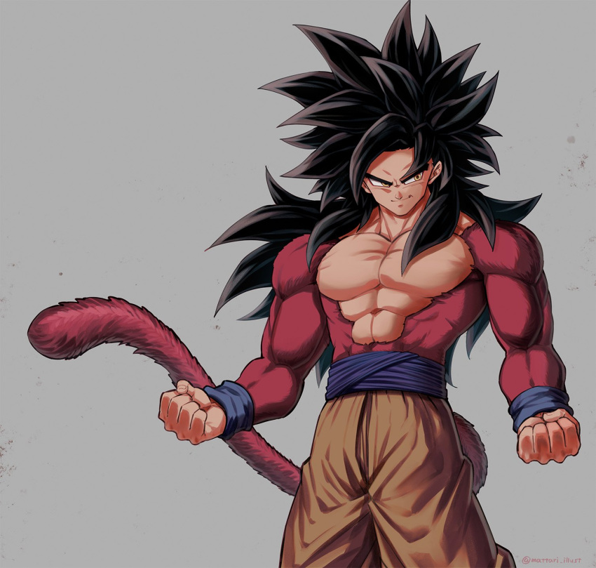 1boy abs arms_at_sides baggy_pants black_hair chest clenched_hands dragon_ball dragon_ball_gt dust dust_particles fingernails frown grey_background highres long_hair looking_to_the_side male_focus mattari_illust monkey monkey_tail no_nipples pants simple_background smile son_gokuu spiky_hair standing super_saiyan_4 tail twitter_username upper_body wristband yellow_eyes yellow_pants