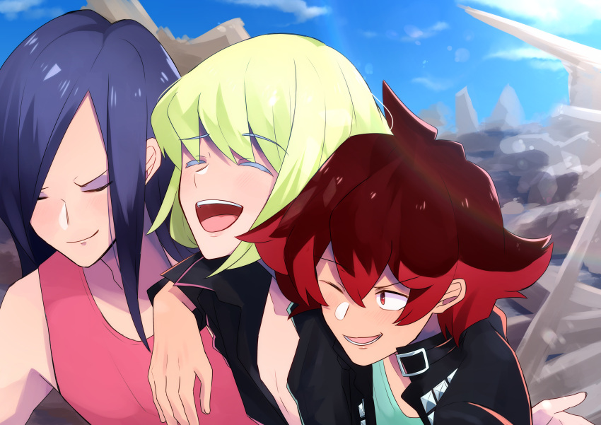 3boys absurdres arm_around_shoulder black_jacket blue_sky closed_eyes eyeshadow green_hair gueira hair_over_one_eye highres jacket lio_fotia long_hair looking_at_viewer makeup male_focus meis_(promare) multiple_boys open_mouth promare red_eyes redhead sky sleeveless smile upper_body