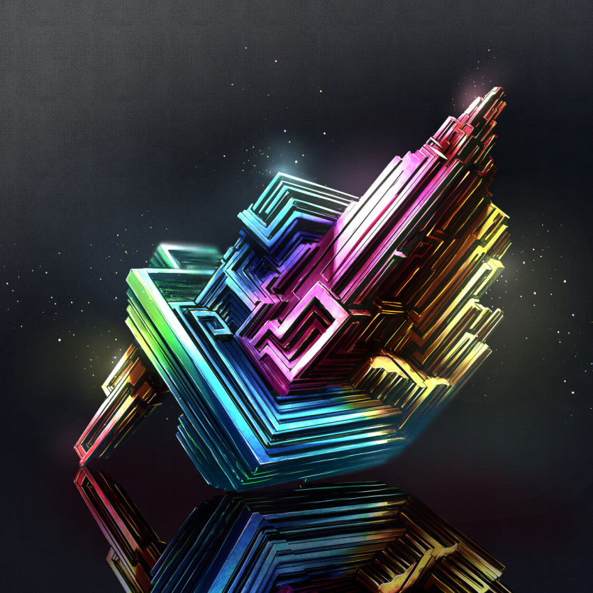 bismuth cluseller commentary_request crystal dark dark_background highres light_particles original rainbow_gradient reflective_floor shiny tagme