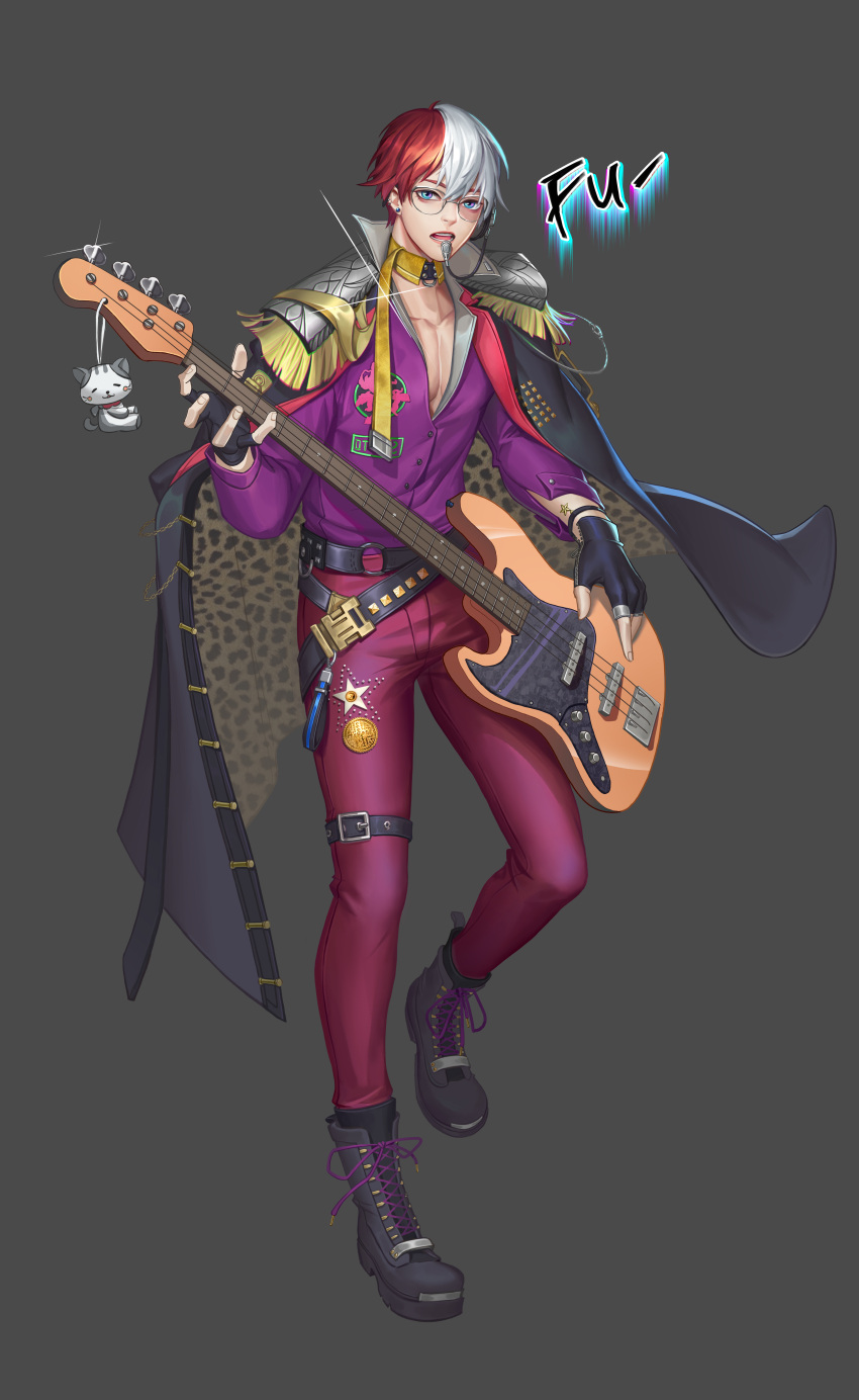 1boy absurdres alternate_costume belt black_belt black_footwear black_gloves boku_no_hero_academia boots burn_scar cat coin collarbone commentary_request fingerless_gloves glasses gloves grey_background guitar highres holding holding_instrument instrument jacket lingshao1994 long_sleeves looking_at_viewer multicolored_hair pants pink_pants purple_jacket redhead scar short_hair simple_background star todoroki_shouto two-tone_hair white_hair