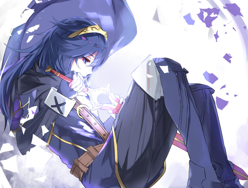 1girl bangs blue_dress blue_eyes blue_footwear blue_gloves blue_hair blue_scarf breasts cape commentary_request dress falchion_(fire_emblem) fingerless_gloves fire_emblem fire_emblem:_kakusei fire_emblem_awakening fire_emblem_heroes gloves highres holding holding_sword holding_weapon intelligent_systems large_breasts long_hair lucina lucina_(fire_emblem) nintendo scarf shoulder_armor solo strap super_smash_bros. sword tiara tomas_(kaosu22) weapon