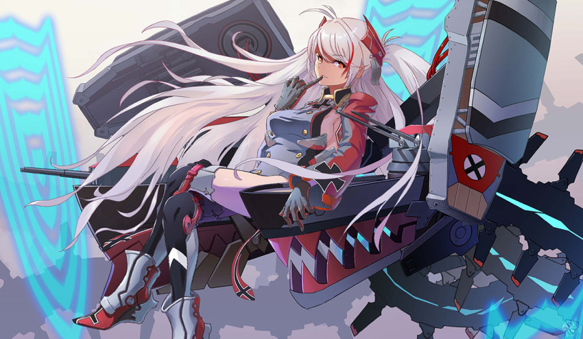 1girl 51poiuy antenna_hair armpit_cutout azur_lane bangs black_choker choker finger_to_mouth german_flag gloves iron_cross multicolored_hair orange_eyes prinz_eugen_(azur_lane) rigging rudder_footwear silver_hair solo streaked_hair swept_bangs thigh-highs two_side_up