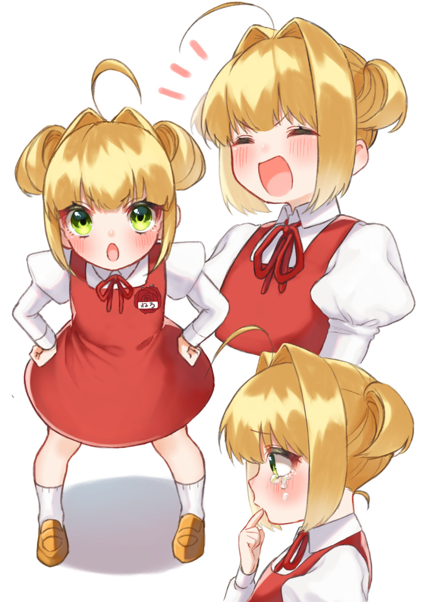 1girl absurdres ahoge blonde_hair blush child crying dress fate/extra fate_(series) green_eyes hair_intakes hands_on_hips highres juliet_sleeves leaning_forward long_hair long_sleeves multiple_views nero_claudius_(fate) nero_claudius_(fate)_(all) puffy_sleeves red_dress short_twintails smile tears twintails yayoimaka03 younger