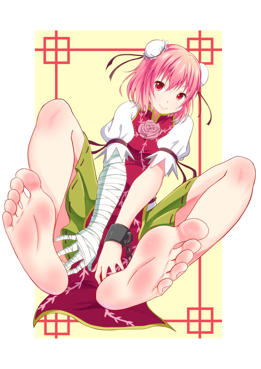 1girl bandaged_arm bandages barefoot chain commentary_request cuffs double_bun eyebrows_visible_through_hair feet flower full_body green_skirt highres ibaraki_kasen leafar looking_at_viewer pink_eyes pink_flower pink_hair pink_rose pov_feet puffy_short_sleeves puffy_sleeves ribbon rose shackles shirt short_hair short_sleeves simple_background sitting skirt smile soles solo tabard toes touhou white_shirt