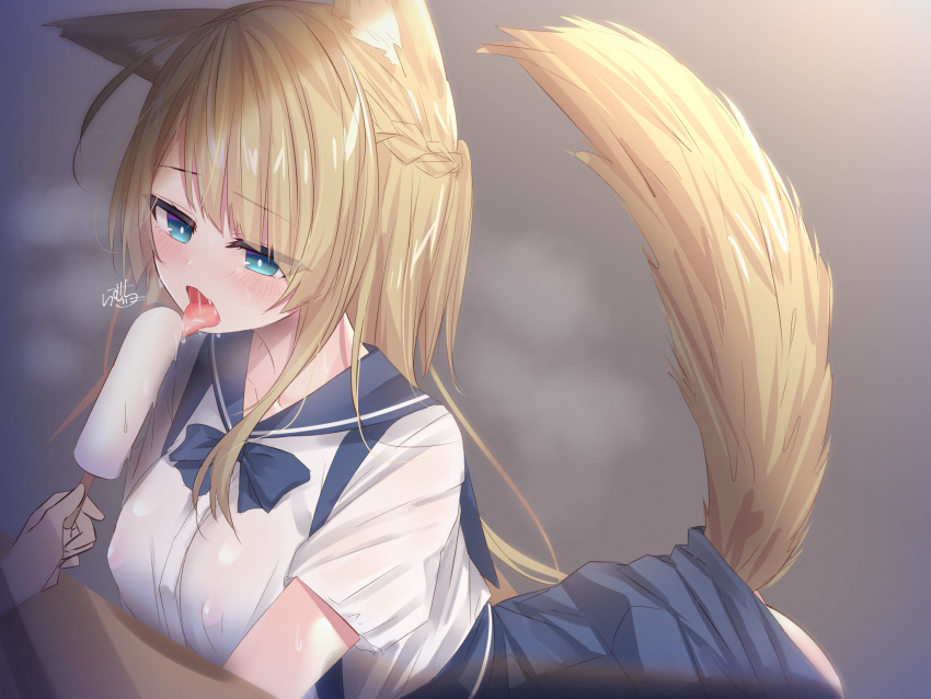 1girl animal_ears ass bangs blue_bow blue_eyes blue_skirt blush bow braid breasts collarbone commentary_request dog_tail fang food fox_ears highres large_breasts licking long_hair original popsicle ramchi saliva shirt skirt solo_focus tail white_shirt