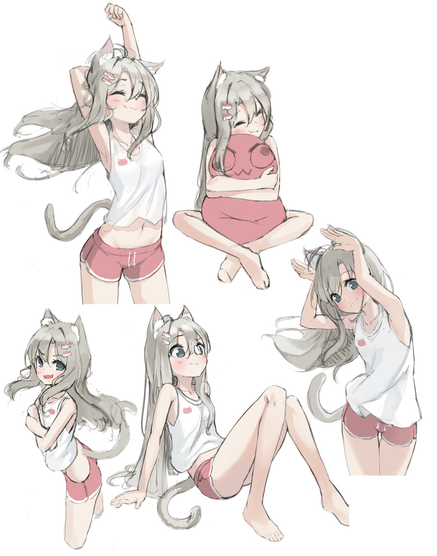 1girl :3 absurdres animal_ears bangs cat cat_ears cat_tail crossed_legs fang fish_hair_ornament grey_hair hair_ornament highres kimyo multiple_views pillow pillow_hug simple_background sitting tagme tail white_background