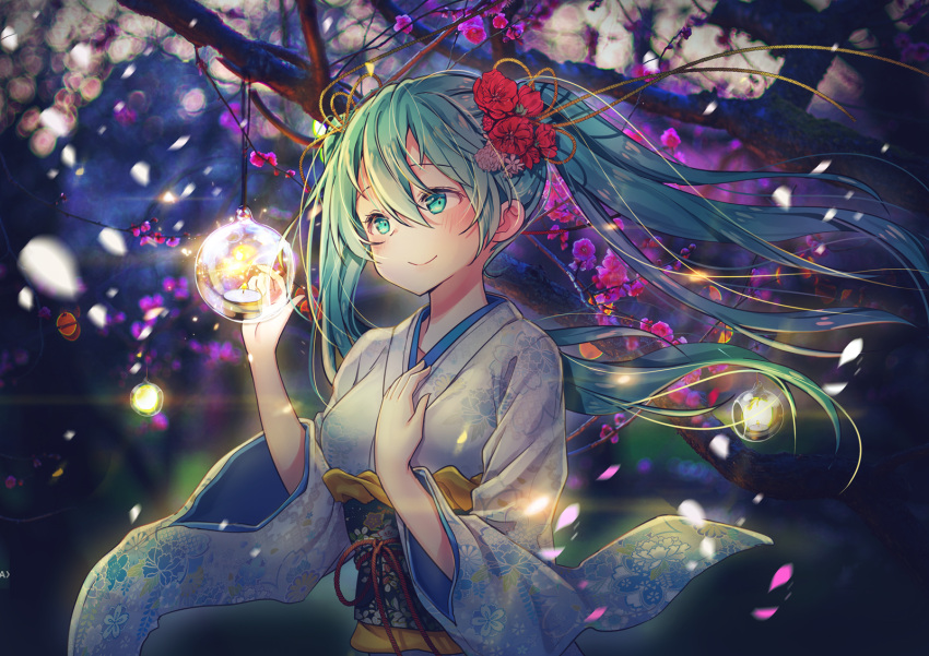 1girl bangs blush burning candle candlelight closed_mouth commentary eyebrows_behind_hair fire floating_hair floral_print flower goyain green_eyes green_hair hair_between_eyes hair_flower hair_ornament hands_up hatsune_miku highres japanese_clothes kimono long_hair long_sleeves looking_away obi print_kimono red_flower sash smile solo tree_branch twintails very_long_hair vocaloid white_kimono wide_sleeves