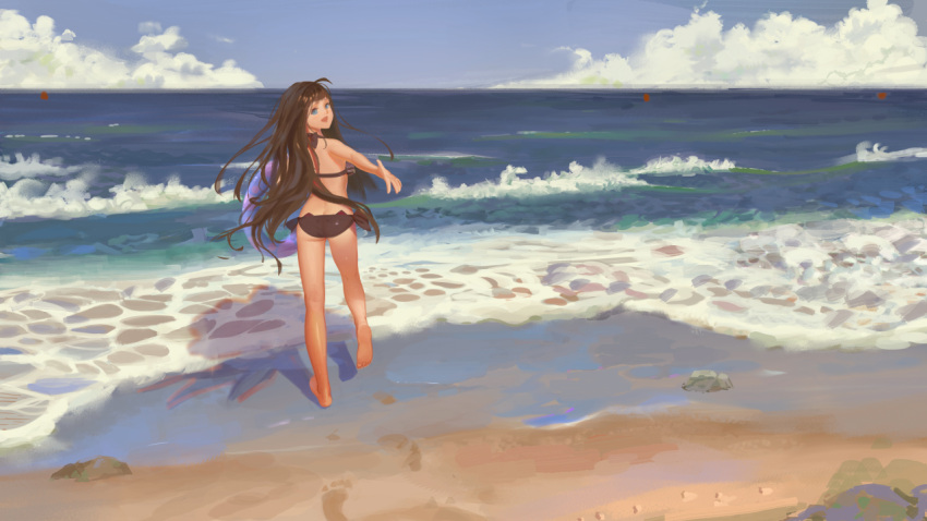 1girl ahoge bare_arms bare_legs barefoot beach bikini black_bikini blue_eyes brown_hair day eflilies english_commentary footprints from_behind full_body innertube long_hair looking_at_viewer looking_back ocean open_mouth original outdoors outstretched_arm scenery smile solo swimsuit very_long_hair wavy_hair
