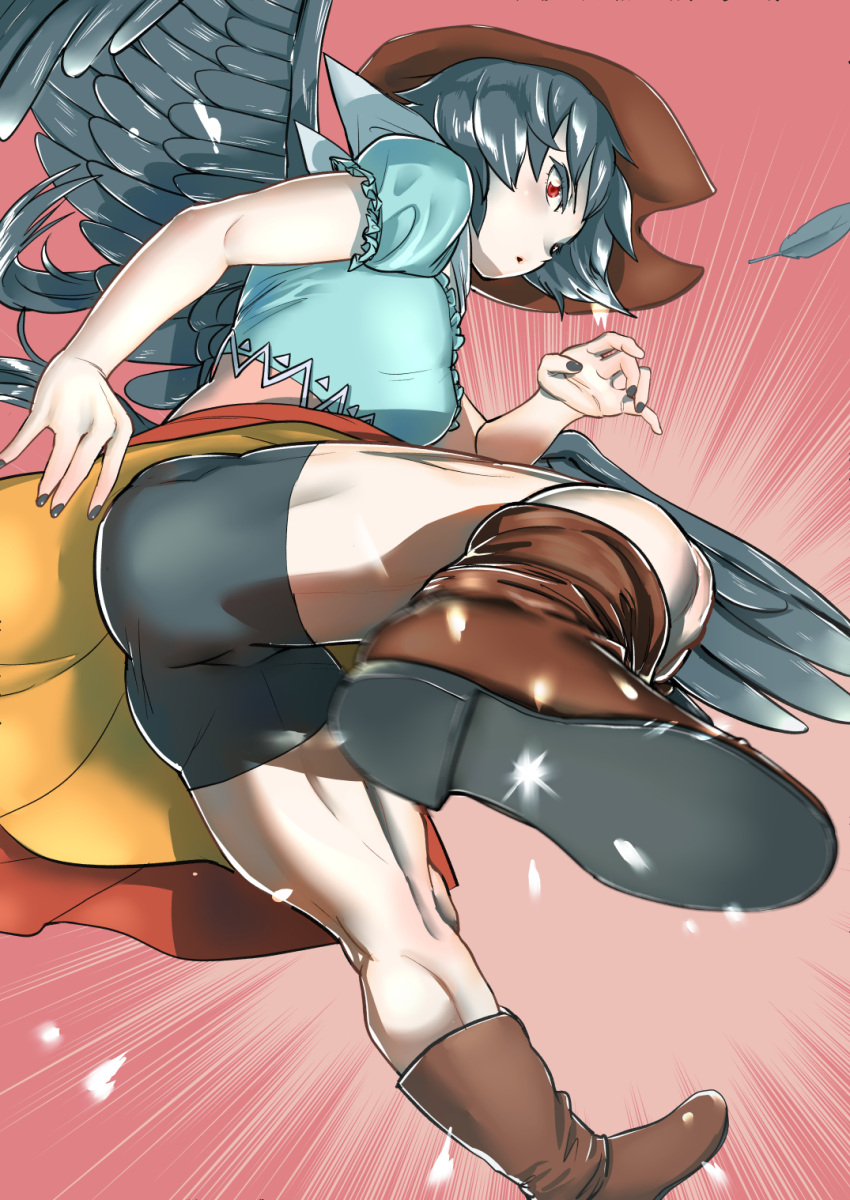 1girl ass bike_shorts black_hair black_wings boots breasts commentary_request cowboy_hat feathers hat highres kicking kicking_at_viewer kurokoma_saki long_hair looking_at_viewer looking_back medium_breasts motion_blur muscle muscular_female nail_polish nekobatake ponytail pov puffy_short_sleeves puffy_sleeves red_eyes scarf short_sleeves solo speed_lines touhou wings