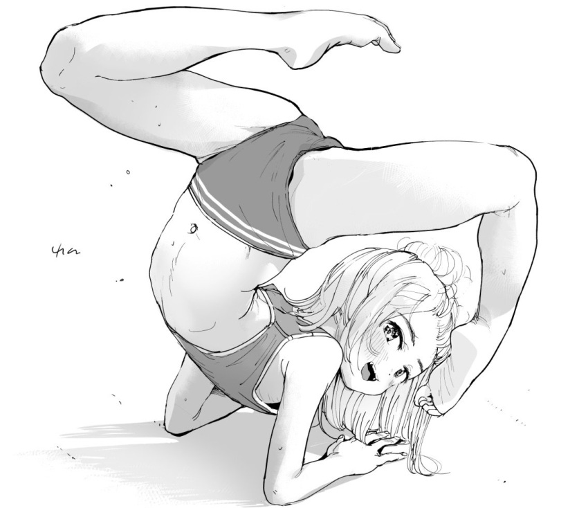 1girl arm_support ass barefoot blush buruma flat_chest from_behind gymnastics handstand legs long_hair looking_back masuda_(yousaytwosin) midriff monochrome navel open_mouth original simple_background sketch smile solo sports_bikini sports_bra spread_legs topknot upside-down white_background