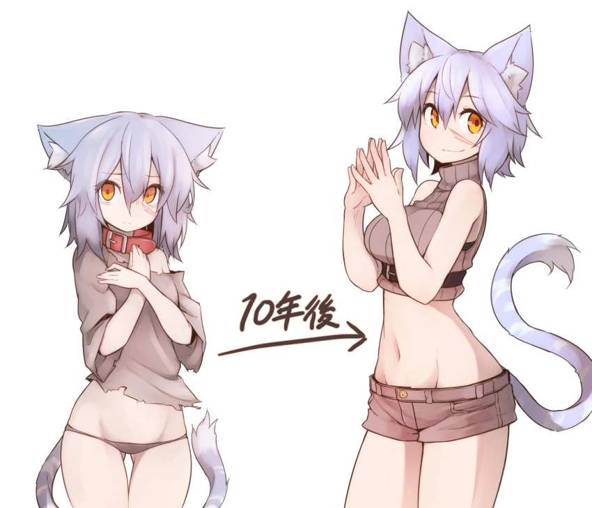 1girl age_comparison age_progression animal_ears black_panties blue_hair breasts cat_ears cat_tail collar collarbone commentary commentary_request eyebrows_visible_through_hair facial_scar groin highres large_breasts looking_at_viewer midriff navel orange_eyes original panties ribbed_sweater ryota_tentei scar scar_across_eye short_hair short_shorts shorts simple_background solo sweater sweatshirt tail tora_tentei torn_clothes underwear white_background