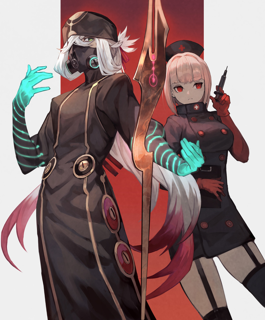 1boy 1girl alternate_costume asclepius_(fate/grand_order) bandana black_dress bow breasts buttons closed_mouth commentary_request dress eyebrows_visible_through_hair face_mask fate/grand_order fate_(series) floating floating_object florence_nightingale_(fate/grand_order) gas_mask gloves glowing gradient_hair green_eyes hair_between_eyes hair_bow hair_over_one_eye hair_ribbon hat highres holding holding_syringe lack long_hair looking_at_viewer looking_away mask masked medium_breasts multicolored_hair nurse nurse_cap pink_hair red_bow red_eyes red_gloves red_ribbon redhead ribbon short_hair staff syringe trait_connection very_long_hair white_hair