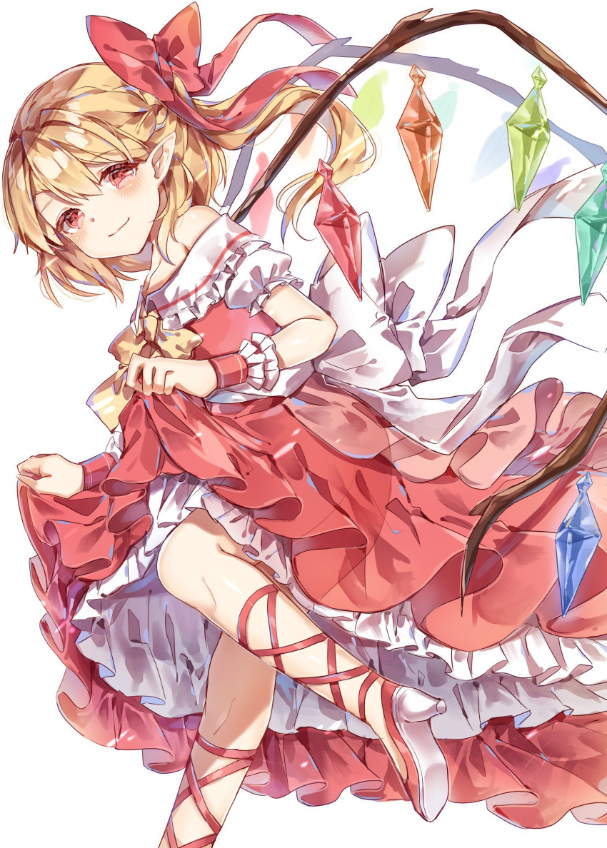 1girl ayatsuki_sugure bangs bare_shoulders blonde_hair blush bow bowtie closed_mouth commentary_request crystal dress dress_lift eyebrows_visible_through_hair flandre_scarlet frilled_dress frills hair_between_eyes hair_bow high_heels highres large_bow leg_ribbon lifted_by_self looking_at_viewer medium_hair puffy_short_sleeves puffy_sleeves red_bow red_dress red_eyes red_footwear red_ribbon ribbon shoes short_sleeves side_ponytail simple_background smile solo standing touhou white_background white_bow wings wrist_cuffs yellow_neckwear