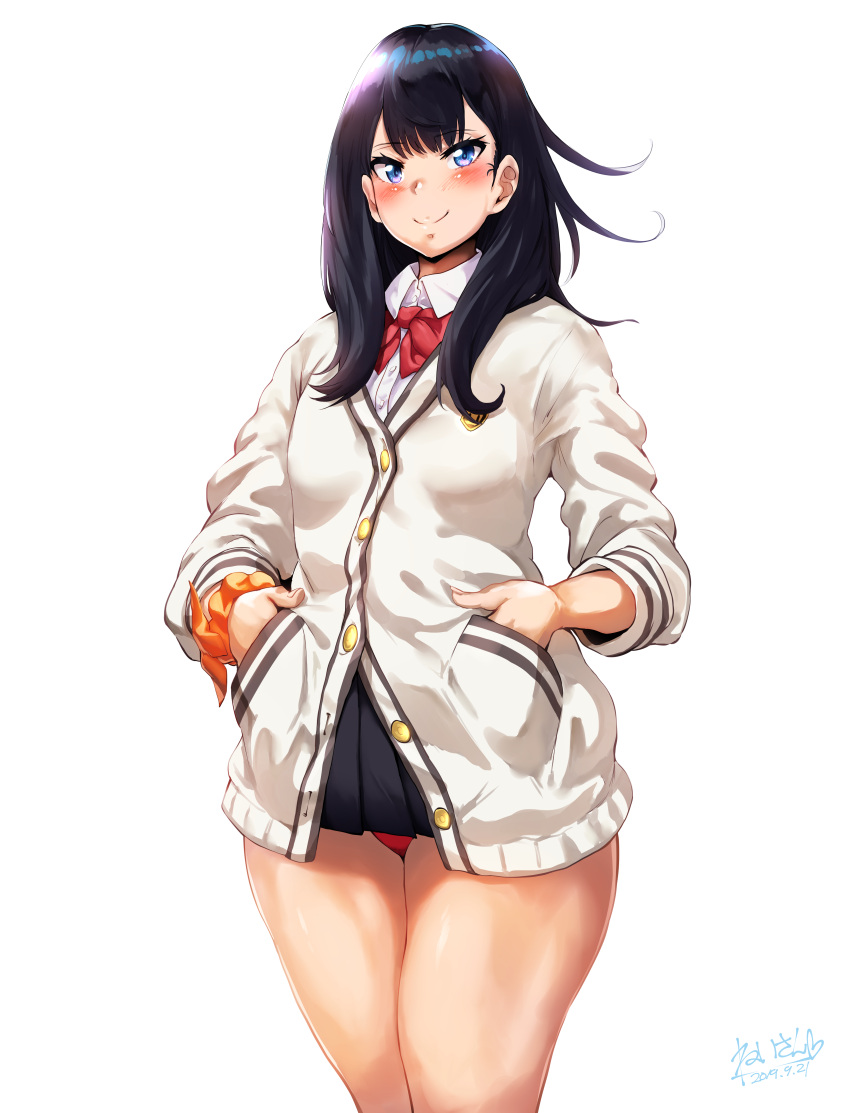 1girl absurdres bangs black_hair black_skirt blue_eyes blush bow bowtie breasts buttons closed_mouth collared_shirt hands_in_pockets hero_neisan highres long_hair long_sleeves looking_at_viewer medium_breasts miniskirt orange_scrunchie panties pleated_skirt red_neckwear red_panties school_uniform scrunchie shirt simple_background skirt smile solo ssss.gridman straight_hair sweater takarada_rikka thighs underwear white_background white_shirt white_sweater wrist_scrunchie