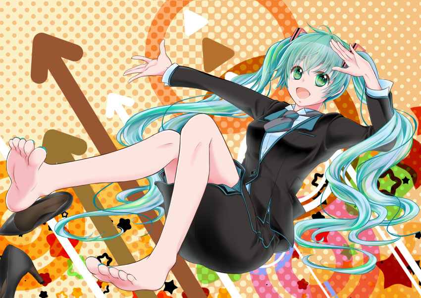 1girl aqua_eyes aqua_hair aqua_nails arrow black_footwear black_jacket black_skirt buttons circle commentary foot_up formal full_body hair_ornament hatsune_miku high_heels highres jacket knee_up long_hair looking_at_viewer nail_polish necktie open_mouth outstretched_arm polka_dot polka_dot_background salute satowaka_miharu shirt shoes short_necktie sitting skirt smile solo star suit triangle twintails two-tone_neckwear uniform very_long_hair vocaloid white_shirt