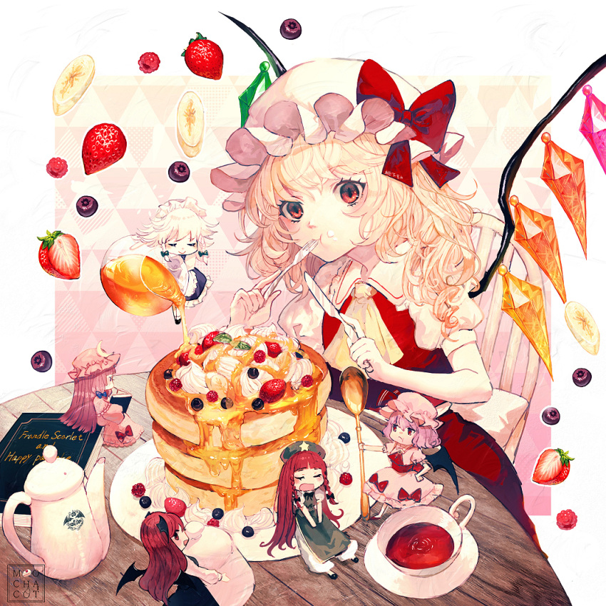 6+girls :t apron artist_name banana_slice bat_wings black_skirt black_vest blonde_hair blouse blue_skirt blueberry book braid brooch chair character_name chibi chinese_clothes closed_eyes commentary_request cravat creamer_(vessel) crescent crescent_hair_ornament cup double_bun eating eyebrows_visible_through_hair flandre_scarlet flat_cap food food_on_face fork fruit green_headwear hair_ornament hair_ribbon hand_on_hip hat hat_ribbon head_tilt head_wings holding holding_book holding_fork holding_knife honey hong_meiling izayoi_sakuya jewelry knife koakuma long_hair looking_at_viewer maid_headdress minigirl mob_cap mochacot multiple_girls pancake pants patchouli_knowledge patterned_background pillow pink_background pink_blouse pink_headwear pink_robe pink_skirt plate pouring pout puffy_pants puffy_short_sleeves puffy_sleeves raspberry reading red_eyes red_neckwear red_skirt red_vest redhead remilia_scarlet ribbon robe saucer shirt short_hair short_sleeves side_ponytail silver_hair sitting sitting_on_pillow skirt sleeping smile standing star strawberry table tea teacup teapot teaspoon touhou tress_ribbon twin_braids very_long_hair vest waist_apron whipped_cream white_headwear white_pants white_shirt wings wooden_chair wooden_table yellow_neckwear