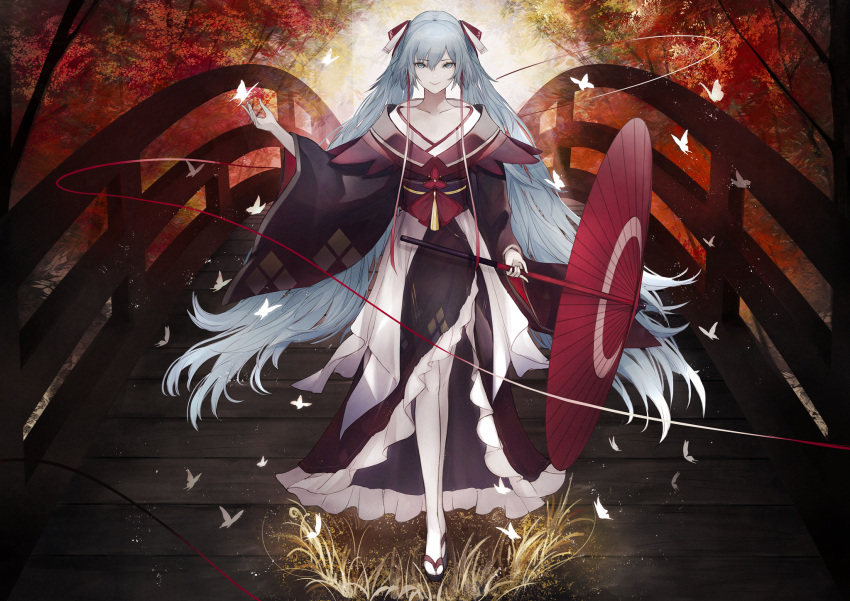 1girl animal autumn_leaves bangs black_footwear black_kimono blue_eyes blue_hair bridge bug butterfly closed_mouth collarbone commentary eyebrows_visible_through_hair frilled_kimono frills full_body hair_between_eyes hair_ribbon hatsune_miku highres holding holding_umbrella insect japanese_clothes kimono long_hair long_sleeves looking_at_viewer marumoru obi oriental_umbrella red_ribbon red_umbrella ribbon sash sleeves_past_wrists smile solo standing umbrella very_long_hair vocaloid white_ribbon wide_sleeves zouri