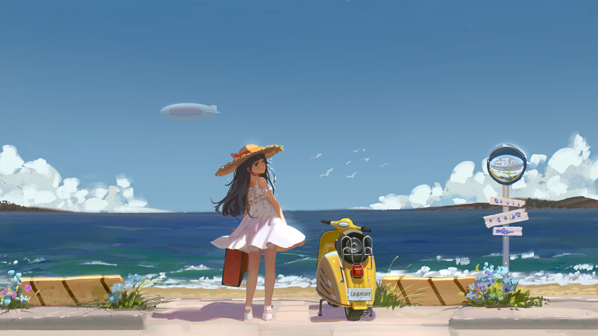 1girl aircraft bare_arms bare_legs bare_shoulders bird black_hair blue_sky brown_eyes clouds day dirigible dress eflilies from_behind ground_vehicle hat hat_ribbon horizon light_smile long_hair looking_at_viewer looking_back luggage moped motor_vehicle ocean original outdoors ribbon road shoes shore sky solo straw_hat street sun_hat tan white_dress white_footwear