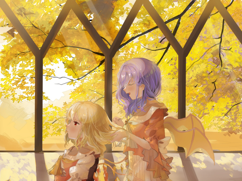 2girls alternate_costume autumn autumn_leaves bat_wings behind_another blonde_hair blurry brooch chair closed_eyes commentary_request cravat day depth_of_field dress expressionless flandre_scarlet from_side hairdressing highres holding holding_hair indoors jewelry lavender_hair layered_dress leaf long_sleeves looking_to_the_side maple_leaf medium_hair multiple_girls omodaka_romu open_mouth profile puffy_short_sleeves puffy_sleeves red_eyes red_vest remilia_scarlet shadow shawl shirt short_hair short_sleeves siblings sisters sitting standing touhou tree vest white_shirt window wings yellow_neckwear