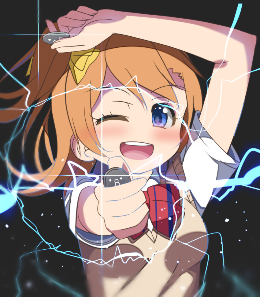 1girl ;d ascii_media_works blue_eyes blush bow bowtie broadcaster_connection brown_hair brown_vest bushiroad coin cosplay crossover electricity eyebrows_visible_through_hair hair_ribbon highres holding_coin j.c._staff kousaka_honoka looking_at_viewer love_live! love_live!_school_idol_project misaka_mikoto misaka_mikoto_(cosplay) muse_loss one_eye_closed one_side_up open_mouth portrait publisher_connection ribbon school_uniform shirt short_sleeves smile solo sunrise_(studio) to_aru_kagaku_no_railgun to_aru_majutsu_no_index tokiwadai_school_uniform tokyo_mx tv_channel_connection vest white_shirt yellow_ribbon