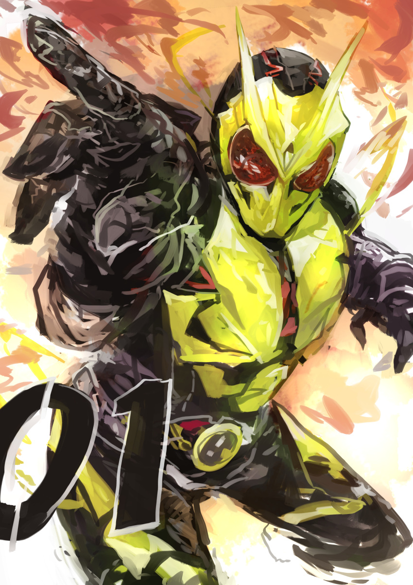 1boy absurdres arm_up armor belt commentary_request foreshortening full_armor helmet highres kaamin_(mariarose753) kamen_rider kamen_rider_01_(series) kamen_rider_zero-one looking_at_viewer male_focus outstretched_arm outstretched_hand reaching_out solo tagme tokusatsu yellow_armor