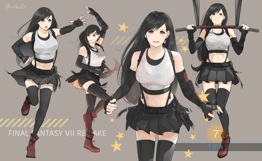 1girl arm_guards bike_shorts black_gloves black_hair black_legwear black_shorts black_skirt blush brown_eyes earrings elbow_gloves fighting_stance final_fantasy final_fantasy_vii final_fantasy_vii_remake fingerless_gloves gloves highres jewelry long_hair looking_at_viewer low-tied_long_hair midriff navel pullups red_footwear shillo shirt shorts shorts_under_skirt skirt smile standing suspender_skirt suspenders tank_top taut_clothes taut_shirt thigh-highs tifa_lockhart undershirt white_tank_top