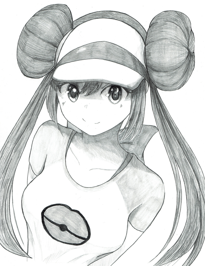 1girl absurdres artist_request breasts double_bun graphite_(medium) grin hair_between_eyes highres huge_filesize long_hair looking_at_viewer mechanical_pencil mei_(pokemon) pencil pokemon pokemon_(game) pokemon_bw2 raglan_sleeves shirt smile solo t-shirt traditional_media twintails very_long_hair visor_cap