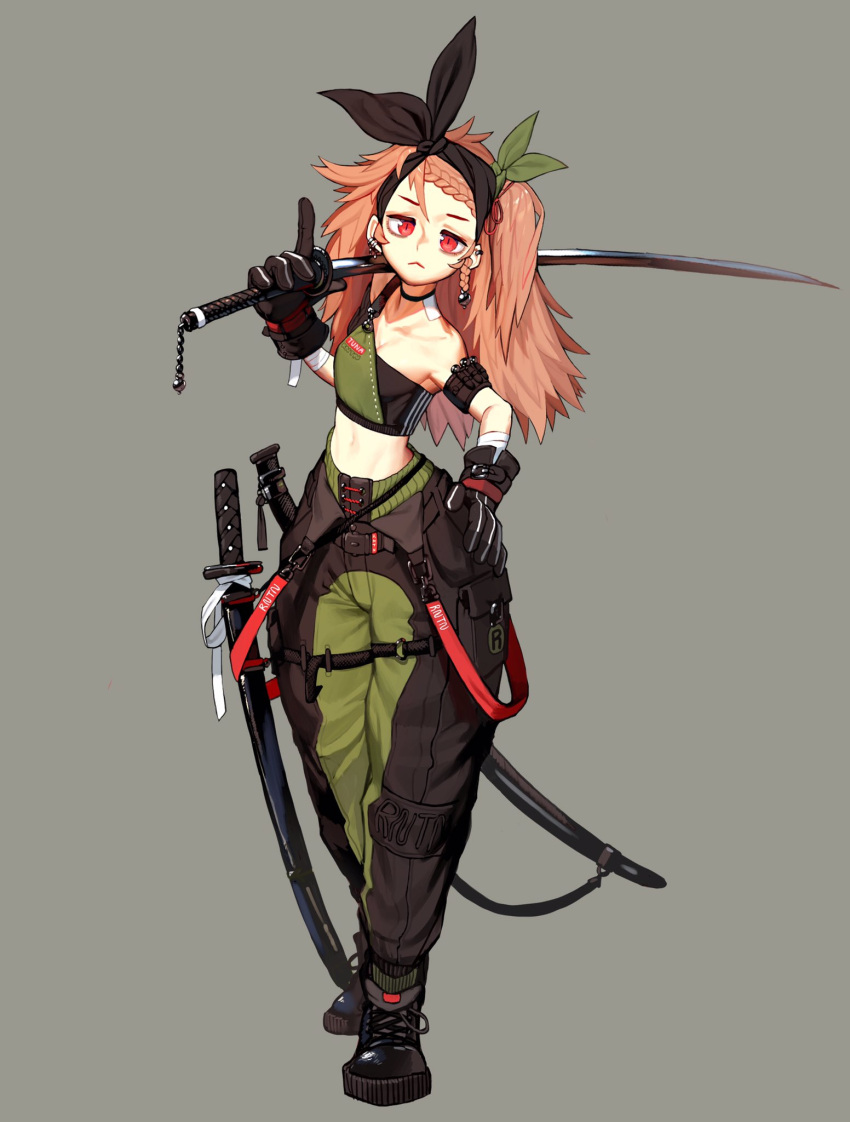 1girl bandaged_arm bandages bandaid bandaid_on_neck black_bow black_footwear bow braid brown_gloves buckle closed_mouth gloves green_bow grey_background hand_on_hip highres holding holding_sword holding_weapon katana medium_hair navel orange_hair original over_shoulder pouch red_eyes rinotuna scabbard sheath simple_background slit_pupils solo standing sword weapon weapon_over_shoulder