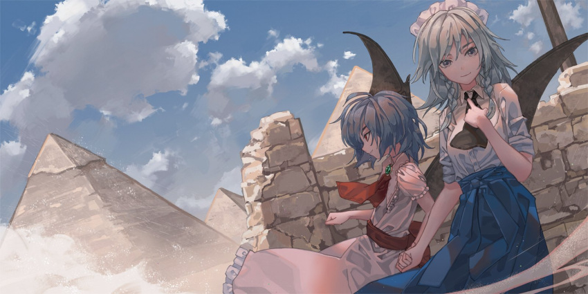 2girls ascot bangs bat_wings black_neckwear blue_hair blue_skirt blue_sky braid brooch clouds commentary_request cowboy_shot day dress dutch_angle egyptian frilled_shirt_collar frills from_side grey_eyes grin hair_between_eyes hand_on_own_chest highres holding_hands izayoi_sakuya jewelry maachi_(fsam4547) maid_headdress multiple_girls no_hat no_headwear outdoors parted_lips petticoat pink_dress profile puffy_short_sleeves puffy_sleeves pyramid red_eyes red_neckwear red_sash remilia_scarlet sash short_hair short_sleeves silver_hair skirt sky smile standing touhou twin_braids wings