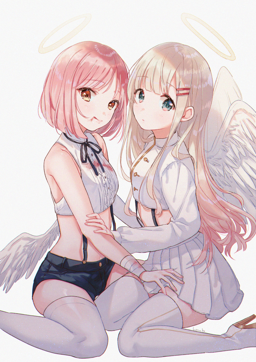 2girls angel angel_wings artist_name bandaged_arm bandages bare_arms bare_shoulders black_neckwear black_shorts blue_eyes boots brown_hair closed_mouth commentary_request crop_top feathered_wings hair_ornament hairclip halo hanako151 high_heel_boots high_heels highres long_hair long_sleeves looking_at_viewer micro_shorts midriff miniskirt multiple_girls neck_ribbon orange_eyes original pink_hair pleated_skirt ribbon shirt short_hair shorts sidelocks simple_background skirt sleeveless sleeveless_shirt smile stomach suspenders thigh-highs tongue tongue_out very_long_hair white_background white_footwear white_legwear white_shirt white_skirt wings zettai_ryouiki