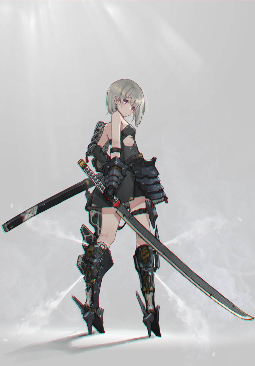 1girl absurdres armor boots commentary_request earrings gauntlets highres japanese_armor jewelry katana looking_back mecha_musume mechanical_legs oota_youjo original science_fiction sheath silver_hair solo steam sword weapon