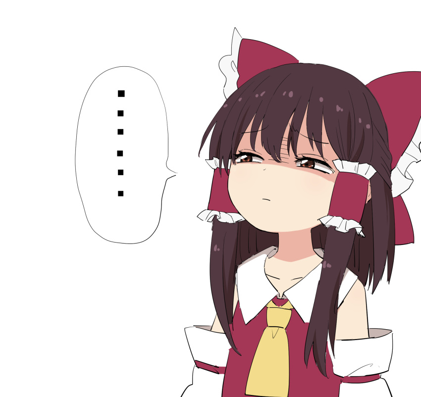 ... 1girl ascot bangs bare_shoulders black_hair bow collarbone commentary_request detached_sleeves eyebrows_visible_through_hair hair_between_eyes hair_bow hair_tubes hakurei_reimu half-closed_eyes highres leon_(mikiri_hassha) long_hair long_sleeves red_bow red_eyes shaded_face sidelocks simple_background solo spoken_ellipsis touhou upper_body white_background yellow_neckwear