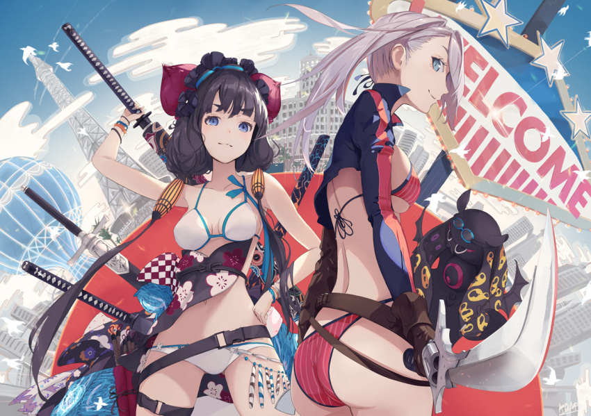 american_flag_bikini ass asymmetrical_hair bangs bikini blue_eyes bow bracelet breasts brown_gloves checkered checkered_bow clouds cloudy_sky commentary eiffel_tower fate/grand_order fate_(series) flag_print floral_print gloves gunblade hair_bun holding holding_sword holding_weapon jewelry katana katsushika_hokusai_(fate/grand_order) katsushika_hokusai_(swimsuit_saber)_(fate) kodamazon leg_belt looking_at_viewer miyamoto_musashi_(fate/grand_order) miyamoto_musashi_(swimsuit_berserker)_(fate) multiple_swords perky_breasts shrug_(clothing) silver_hair sky swept_bangs swimsuit sword sword_behind_back thigh_strap two-tone_swimsuit weapon weapon_on_back white_bikini white_bird