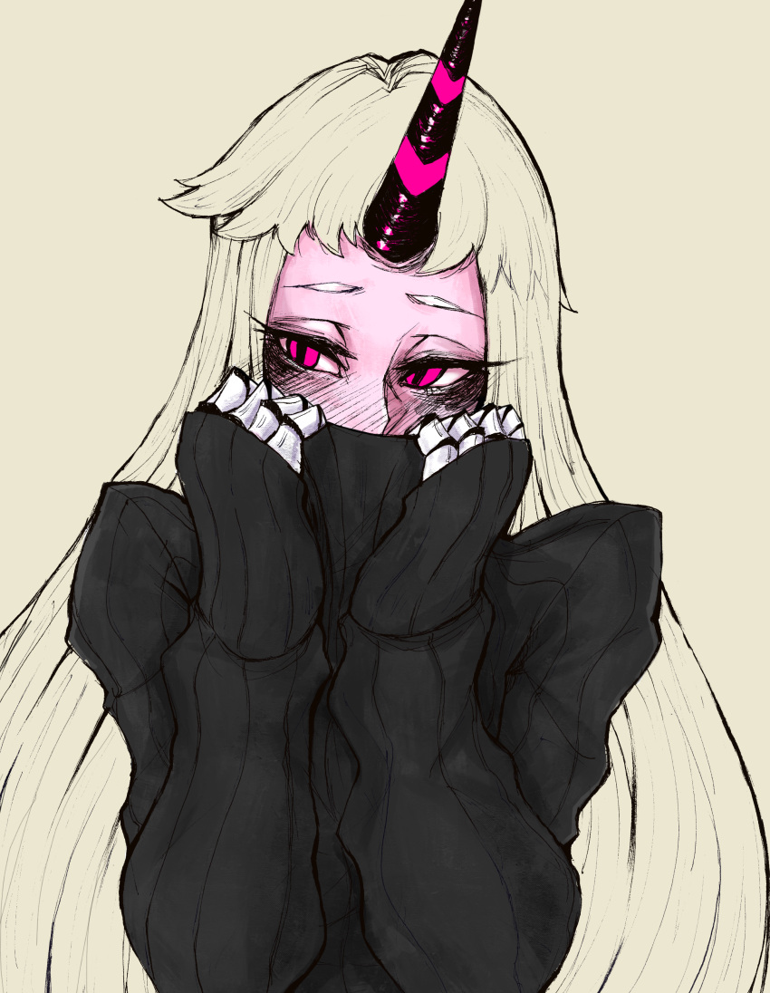 1girl absurdres black_sweater blush breasts claws clothes_lift dress highres horn kantai_collection large_breasts long_hair magenta mittens pale_skin red_eyes ribbed_dress ribbed_sweater seaport_hime shinkaisei-kan solo sweater turtleneck turtleneck_sweater very_long_hair white_hair white_skin