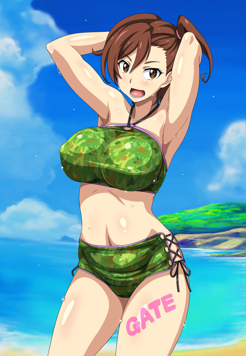 1girl armpits arms_behind_head arms_up bangs beach blue_sky blush body_writing breasts brown_eyes brown_hair camouflage clouds copyright_name covered_nipples cowboy_shot gate_-_jieitai_ka_no_chi_nite_kaku_tatakaeri halterneck highres kuribayashi_shino large_breasts looking_at_viewer muimui navel ocean open_mouth outdoors round_teeth shiny shiny_hair shiny_skin short_hair side_ponytail sky smile solo standing swept_bangs swimsuit teeth thighs tongue water wet wet_clothes wet_swimsuit